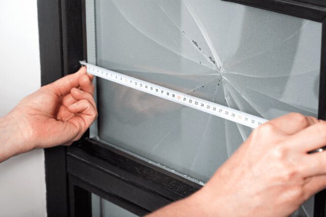 Claims investigator measuring a window